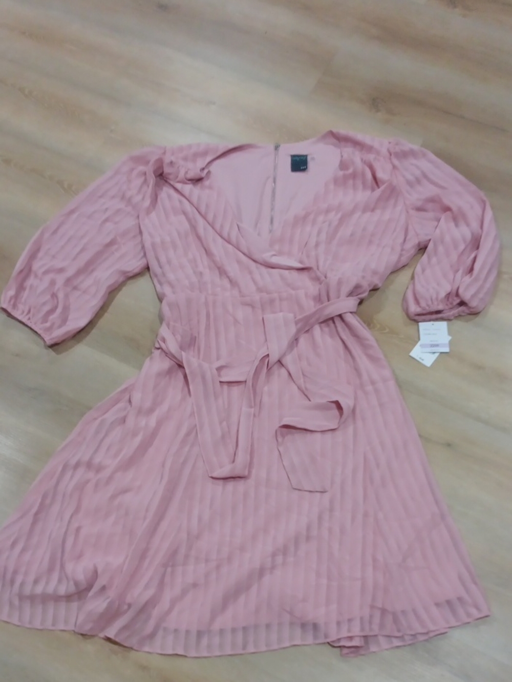 Gabby Skye Blush Pink Pleated Wrap Midi Dress with Tie